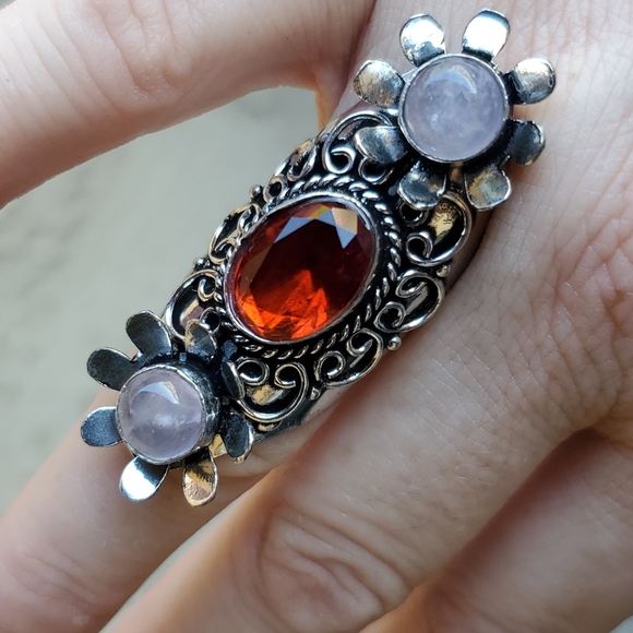 New Mozambique Garnet and Rose Quartz 925 Silver Flowers Statement Ring. - Picture 9 of 11